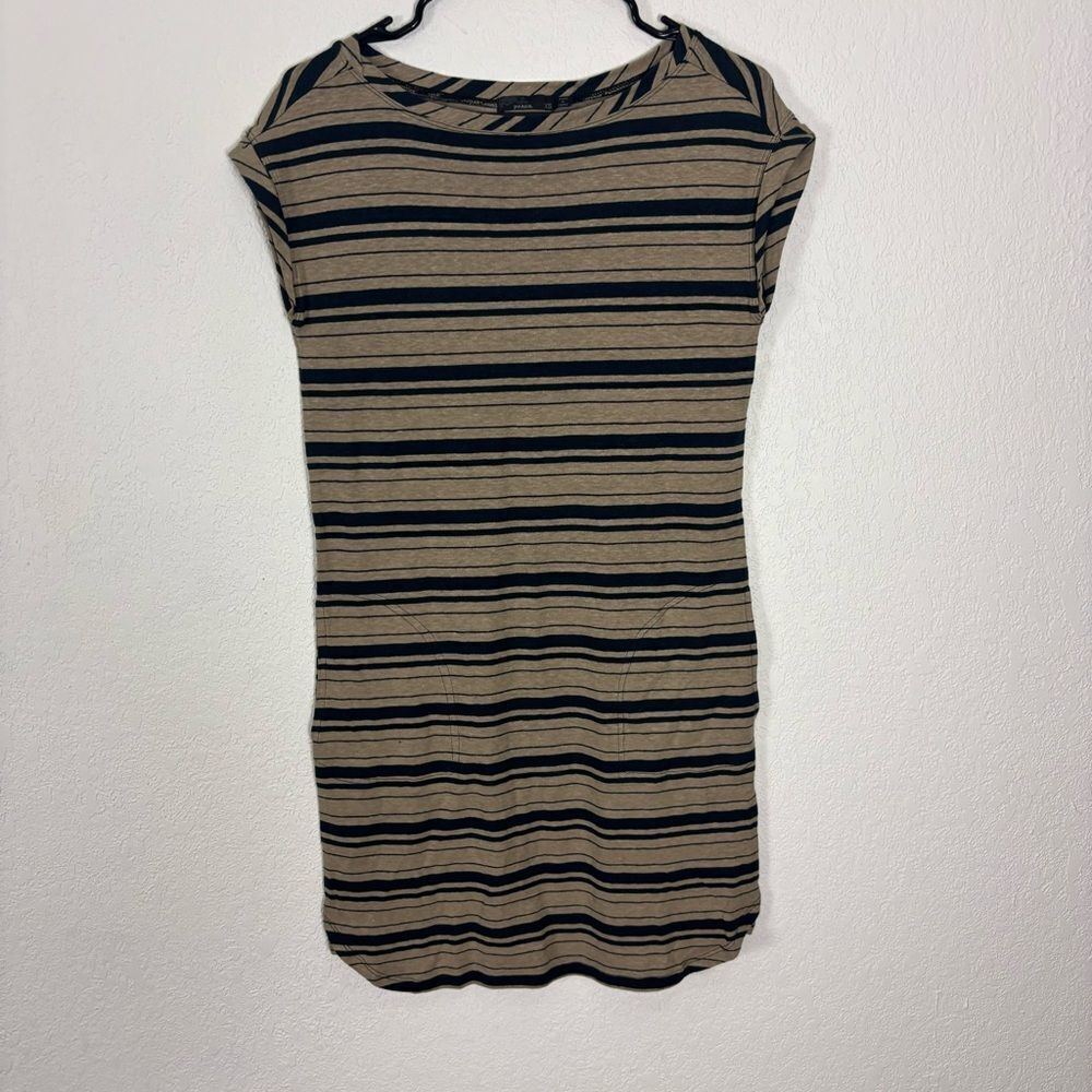Prana Tan & Black Striped Cap Sleeve Linen Blend Casual Dress Size XS
